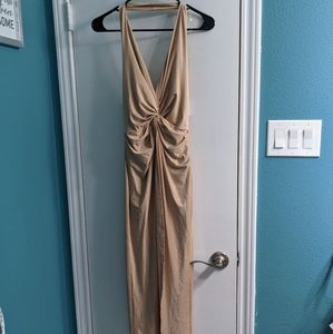 Nude high-low halter dress with knot front